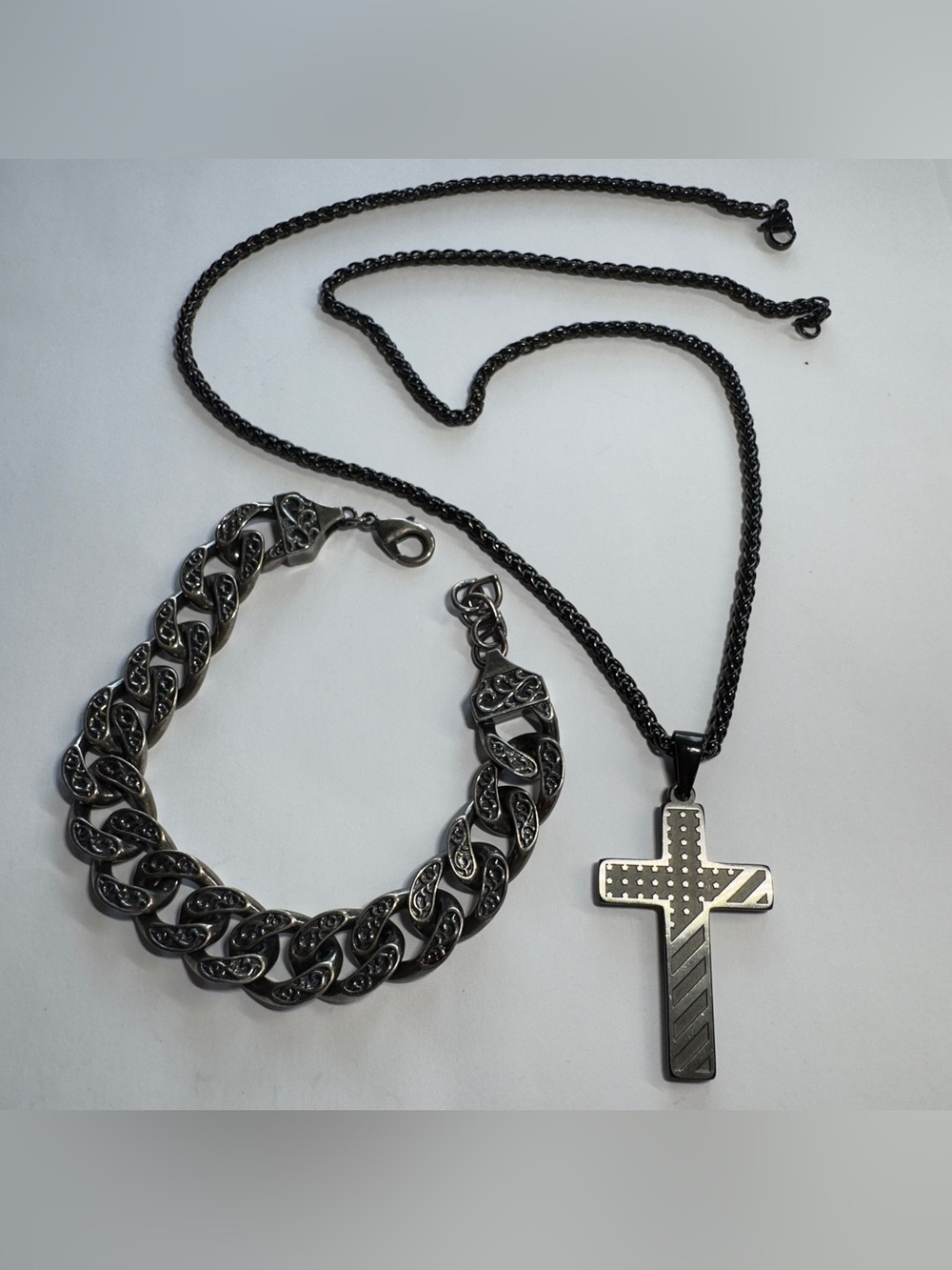 13”Men's Cody James Black Stainless Steel Cross Necklace and Link Bracelet Set